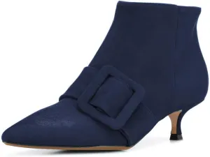XYD Women's Kitten Low Heel Ankle Boots Pointed Toe Side Zip Short Bootie Buckle Strap Office Event Casual Fall Winter Shoes