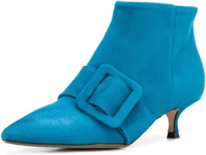 XYD Women's Kitten Low Heel Ankle Boots Pointed Toe Side Zip Short Bootie Buckle Strap Office Event Casual Fall Winter Shoes