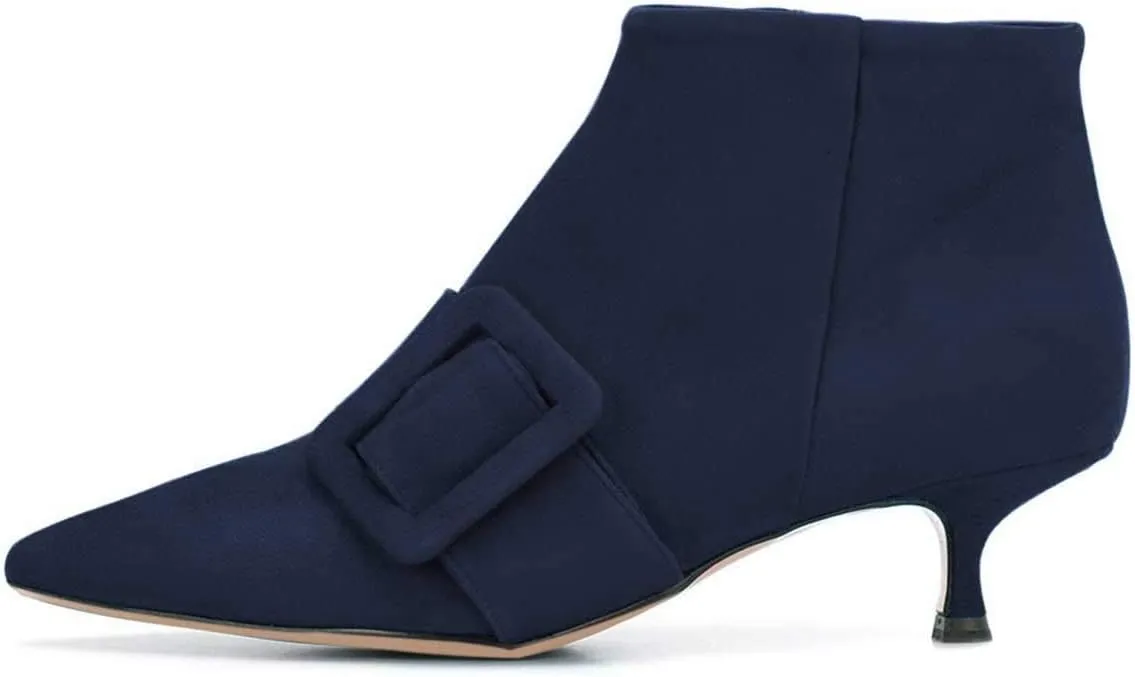 XYD Women's Kitten Low Heel Ankle Boots Pointed Toe Side Zip Short Bootie Buckle Strap Office Event Casual Fall Winter Shoes