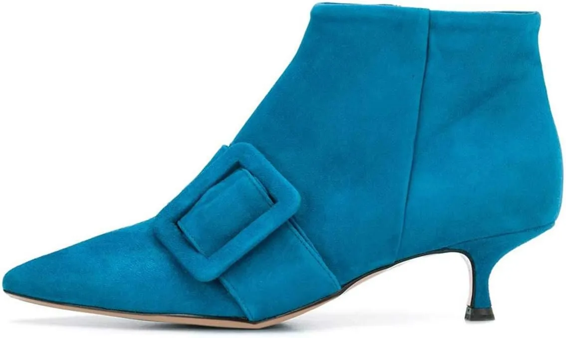 XYD Women's Kitten Low Heel Ankle Boots Pointed Toe Side Zip Short Bootie Buckle Strap Office Event Casual Fall Winter Shoes