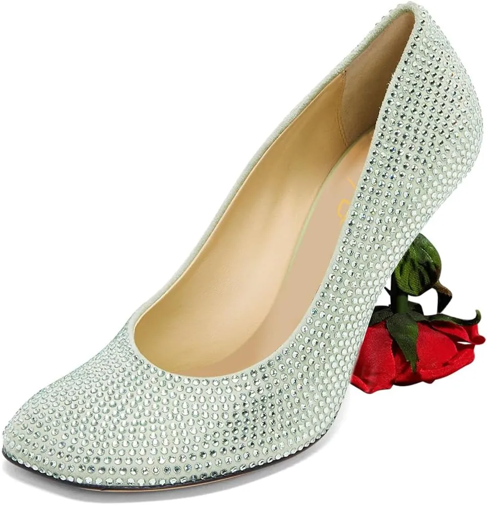 XYD Women's Romantic Rose Heel (100mm) Square Round Toe Slip On Pumps Bridal Formal Event Evening Dress Shoes