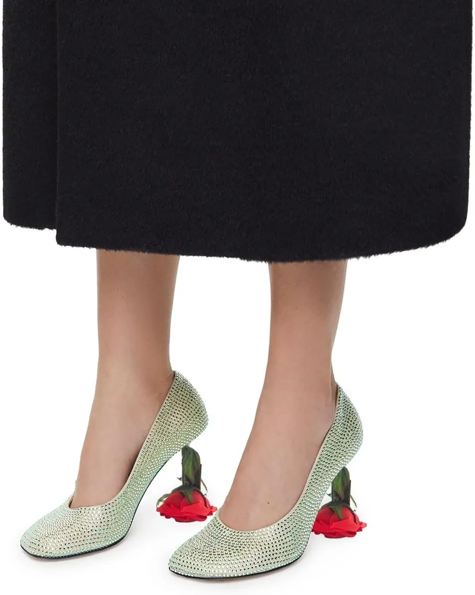 XYD Women's Romantic Rose Heel (100mm) Square Round Toe Slip On Pumps Bridal Formal Event Evening Dress Shoes