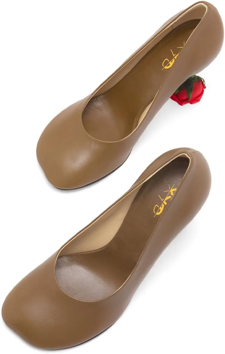 XYD Women's Romantic Rose Heel (100mm) Square Round Toe Slip On Pumps Bridal Formal Event Evening Dress Shoes