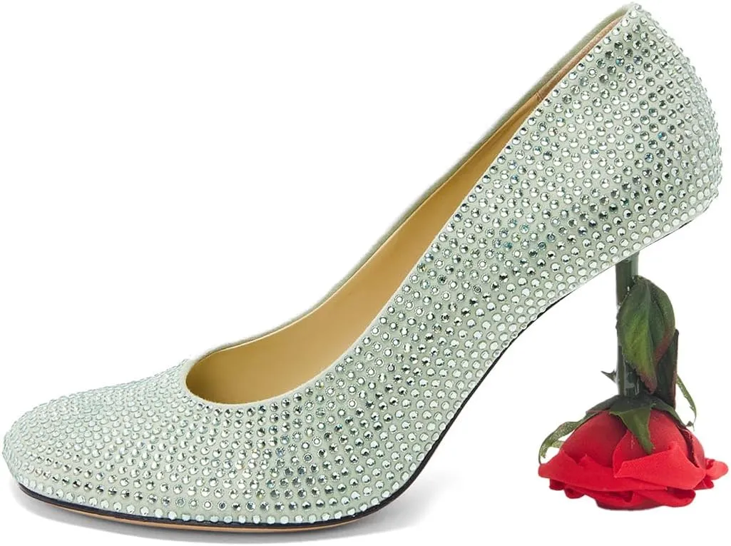 XYD Women's Romantic Rose Heel (100mm) Square Round Toe Slip On Pumps Bridal Formal Event Evening Dress Shoes