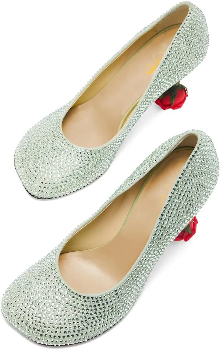 XYD Women's Romantic Rose Heel (100mm) Square Round Toe Slip On Pumps Bridal Formal Event Evening Dress Shoes