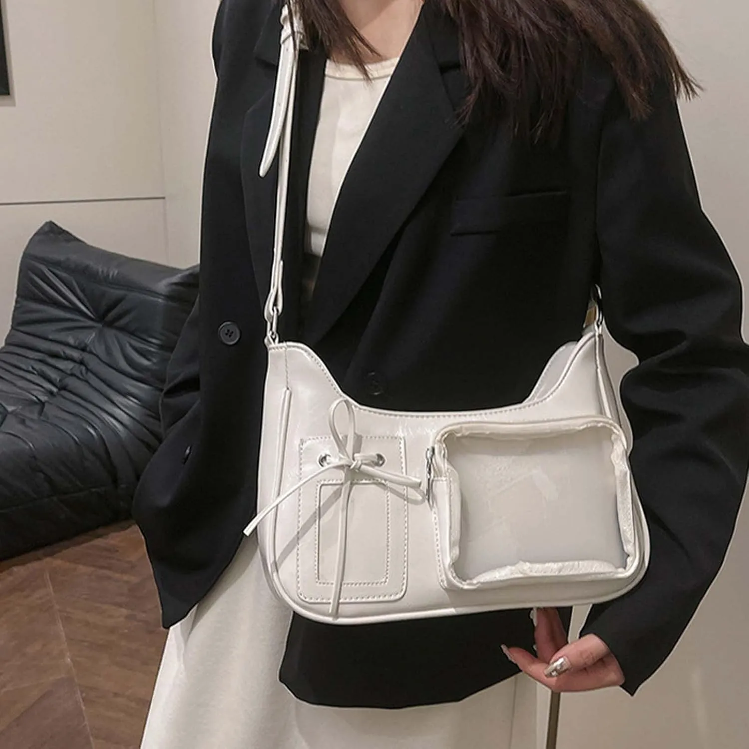Y2k Fashion Shoulder Bag Kawaii Lolita Ita Bag Badge Display Bag with Two Transparent Display Windows