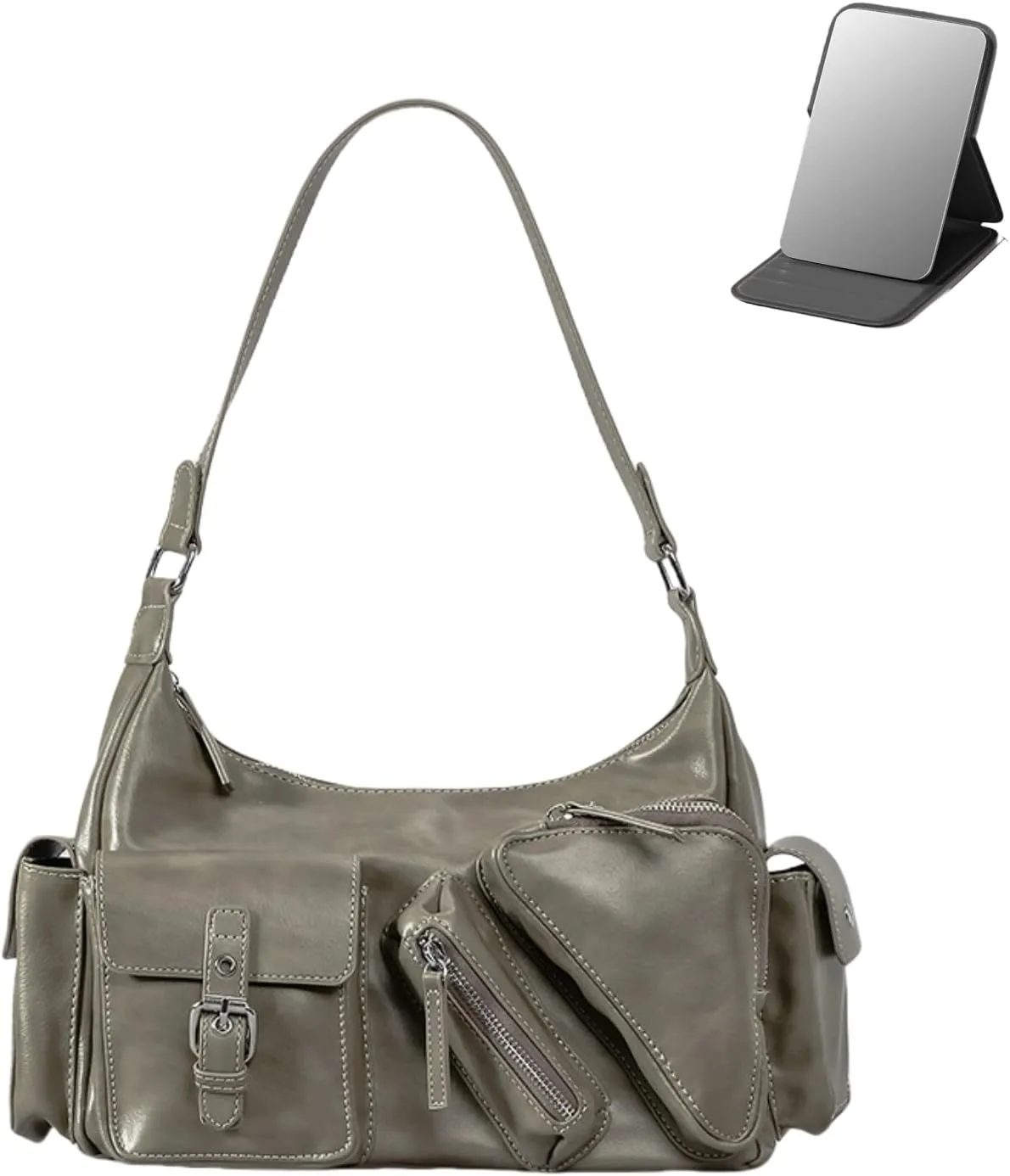 Y2k Shoulder Bag for Women, PU Leather Vintage Underarm Bag with Mirror, Multi-Pockets Goth Purse