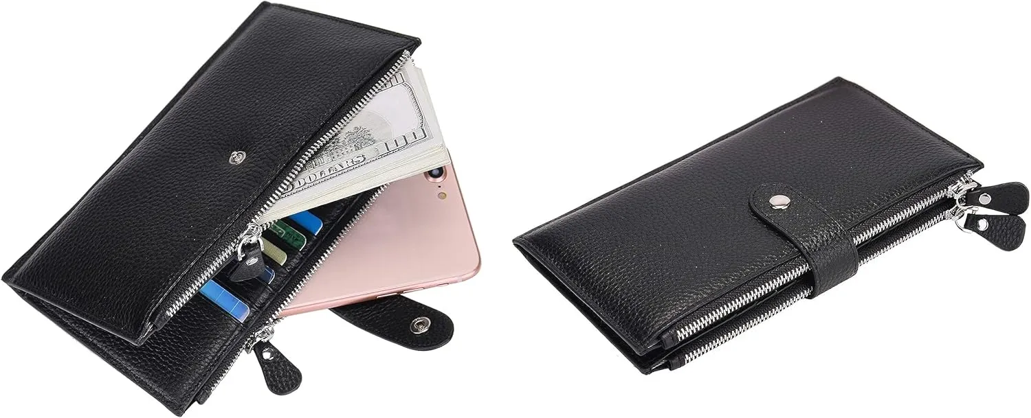 YALUXE Leather Wallets for Women Double Zipper Pockets Phone Holder 22 Card Slots Organizer Billfold with ID Window