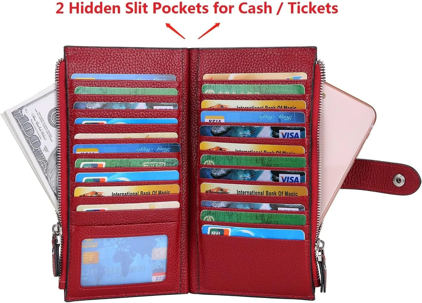 YALUXE Leather Wallets for Women Double Zipper Pockets Phone Holder 22 Card Slots Organizer Billfold with ID Window