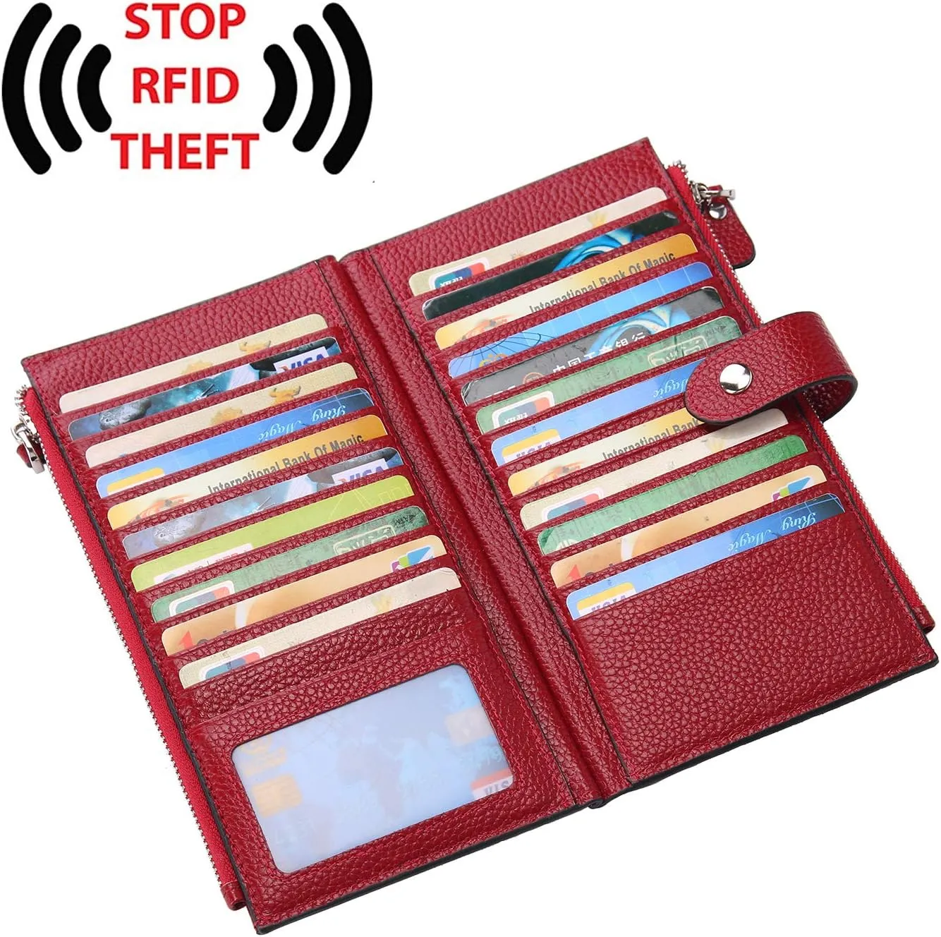 YALUXE Leather Wallets for Women Double Zipper Pockets Phone Holder 22 Card Slots Organizer Billfold with ID Window