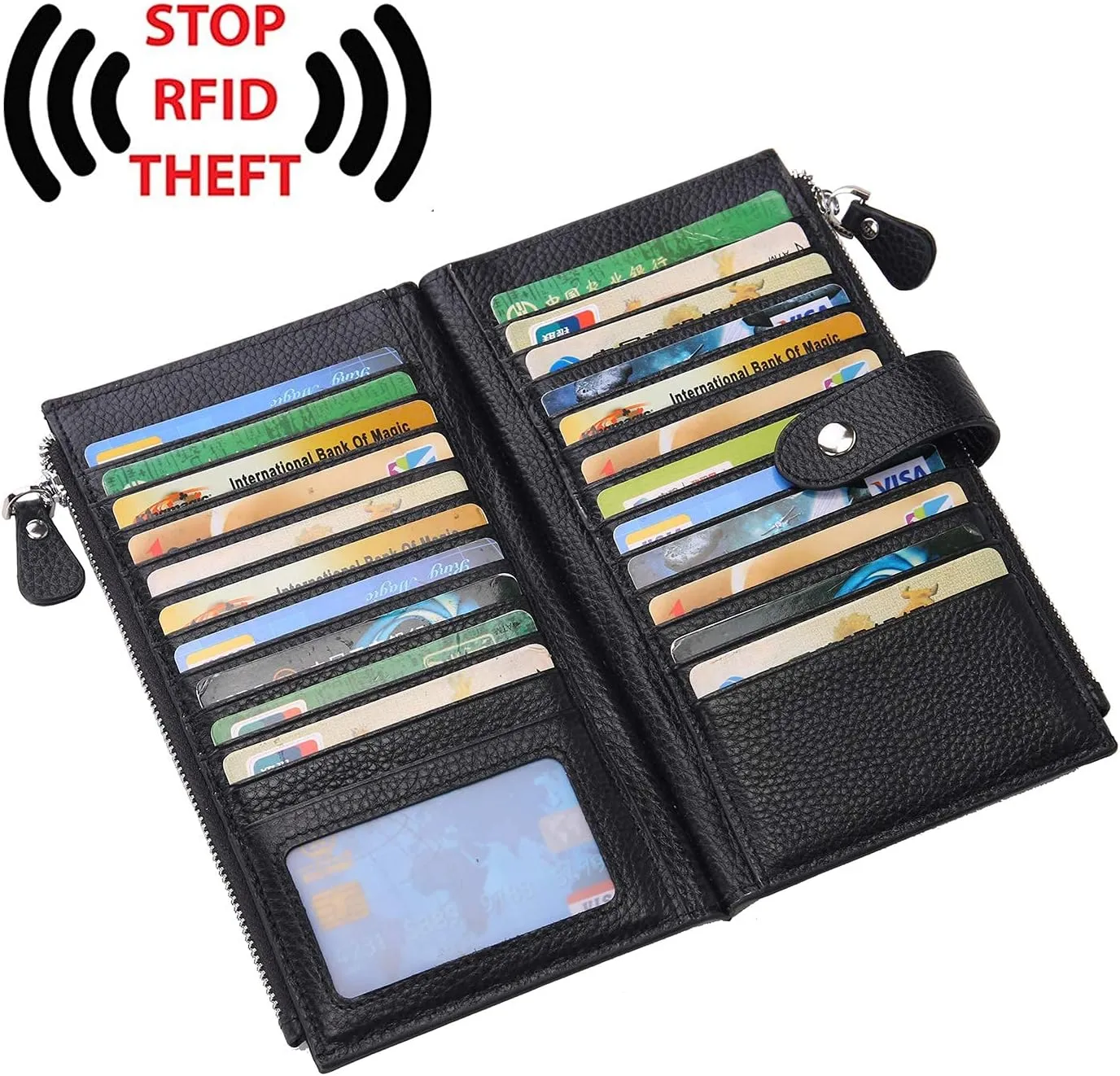 YALUXE Leather Wallets for Women Double Zipper Pockets Phone Holder 22 Card Slots Organizer Billfold with ID Window