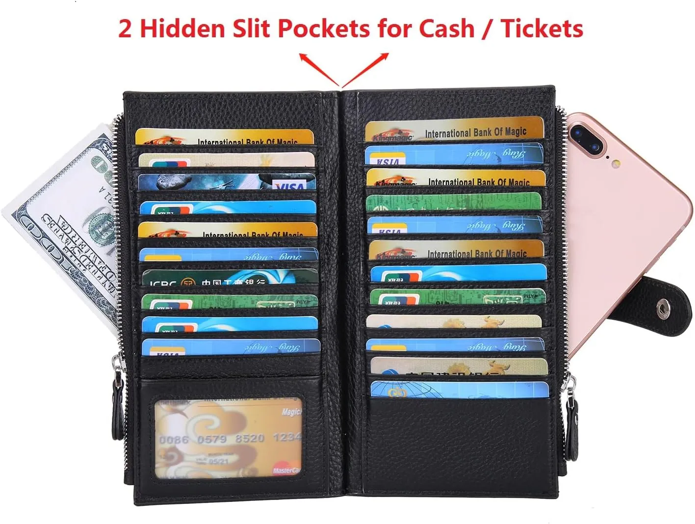YALUXE Leather Wallets for Women Double Zipper Pockets Phone Holder 22 Card Slots Organizer Billfold with ID Window