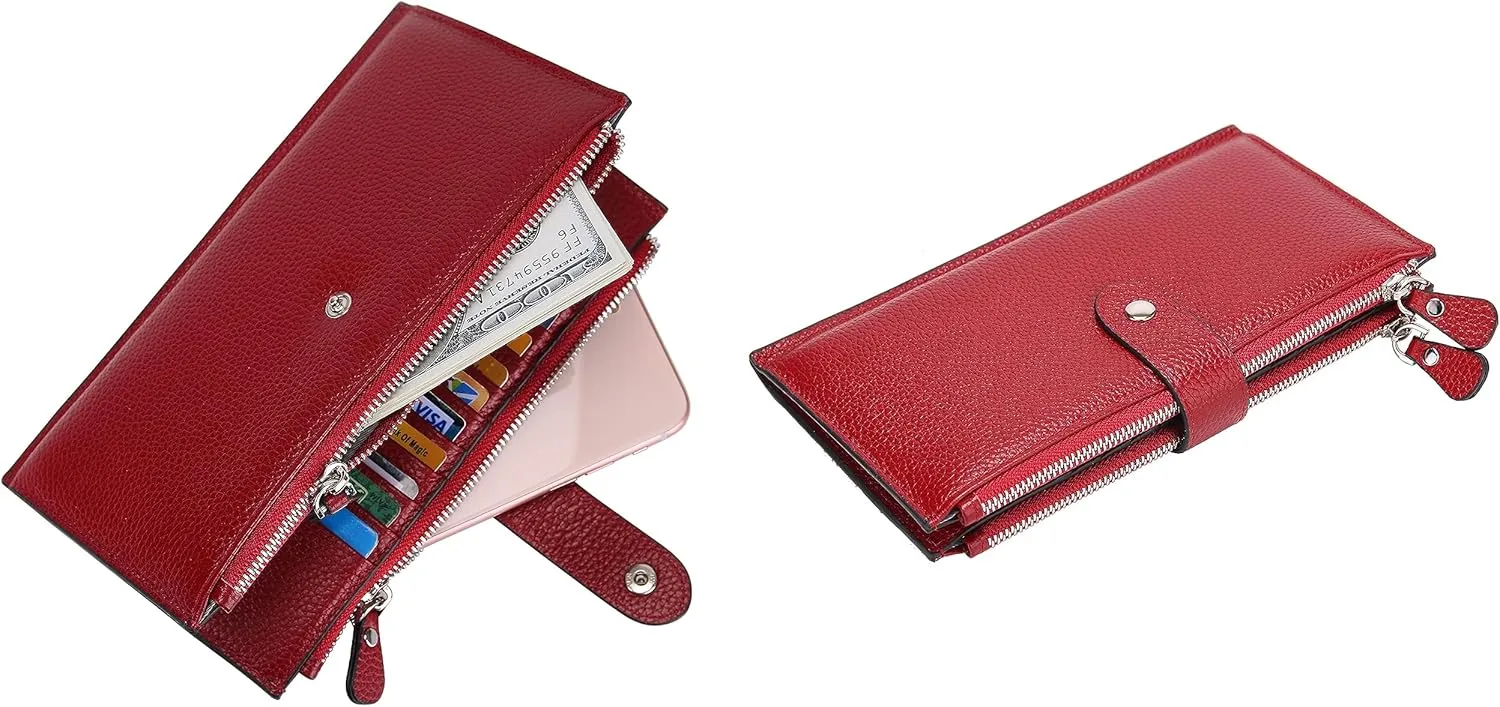 YALUXE Leather Wallets for Women Double Zipper Pockets Phone Holder 22 Card Slots Organizer Billfold with ID Window