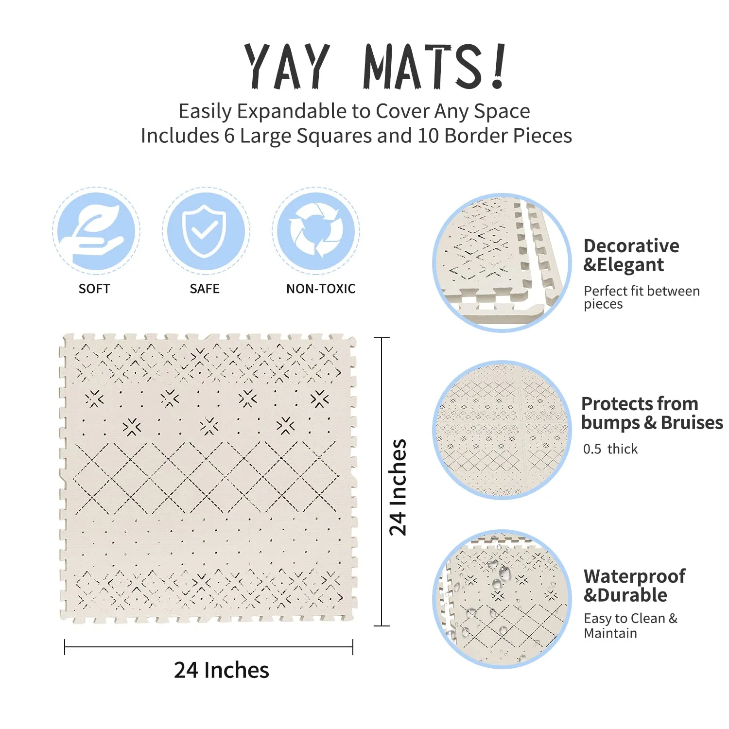Yay Mats Stylish Extra Large Baby Play Mat. Soft, Thick, Non-Toxic Foam Covers 6 ft x 4 ft. Expandable Tiles with Edges Infants and Kids Playmat Tummy Time Mat (Carter Mudcloth Tan)