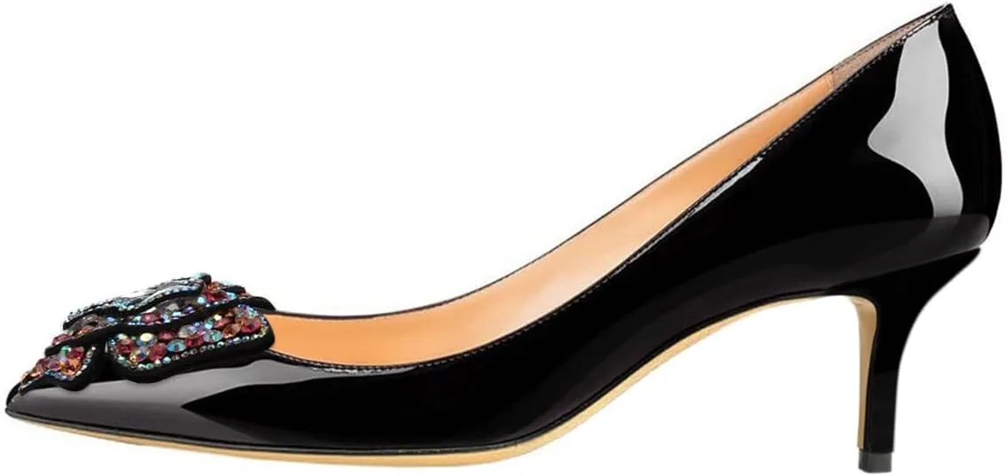 YDN Women's Fashion Low Kitten Heel Slip On Pumps Pointed Toe Butterfly Rhinestones Shoes Wedding Dress Event Size 4-16 US