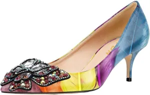 YDN Women's Fashion Low Kitten Heel Slip On Pumps Pointed Toe Butterfly Rhinestones Shoes Wedding Dress Event Size 4-16 US