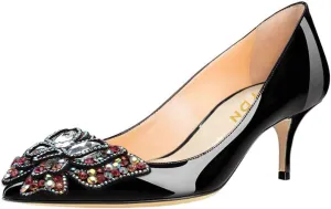 YDN Women's Fashion Low Kitten Heel Slip On Pumps Pointed Toe Butterfly Rhinestones Shoes Wedding Dress Event Size 4-16 US