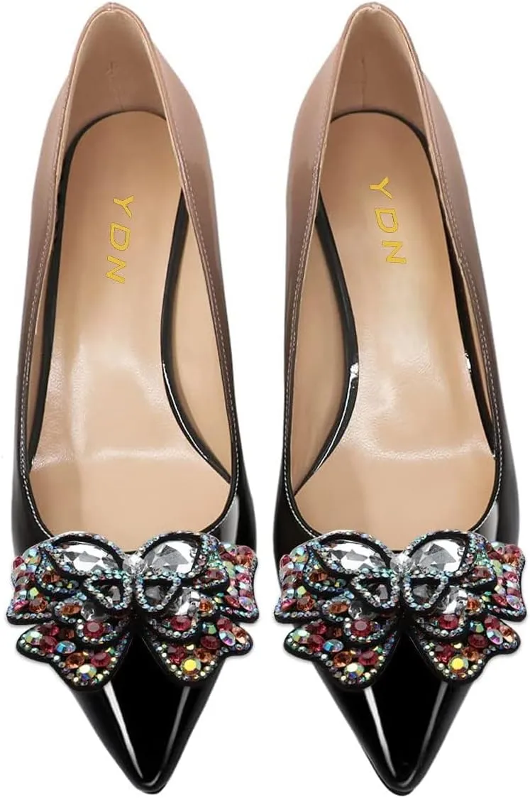 YDN Women's Fashion Low Kitten Heel Slip On Pumps Pointed Toe Butterfly Rhinestones Shoes Wedding Dress Event Size 4-16 US
