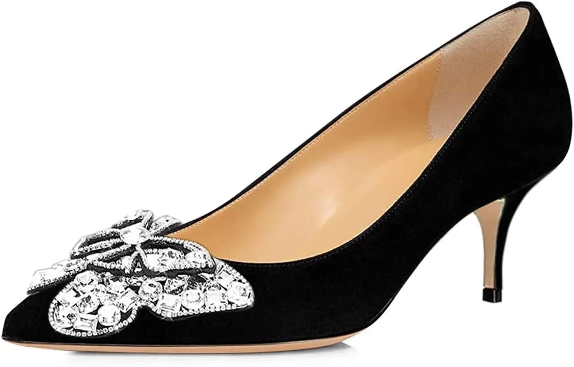 YDN Women's Fashion Low Kitten Heel Slip On Pumps Pointed Toe Butterfly Rhinestones Shoes Wedding Dress Event Size 4-16 US