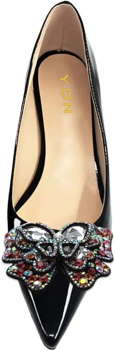 YDN Women's Fashion Low Kitten Heel Slip On Pumps Pointed Toe Butterfly Rhinestones Shoes Wedding Dress Event Size 4-16 US