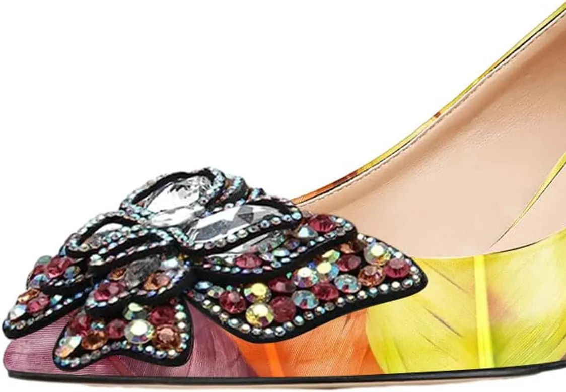YDN Women's Fashion Low Kitten Heel Slip On Pumps Pointed Toe Butterfly Rhinestones Shoes Wedding Dress Event Size 4-16 US