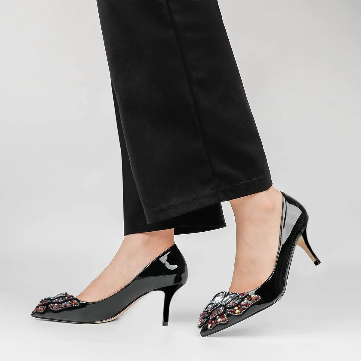 YDN Women's Fashion Low Kitten Heel Slip On Pumps Pointed Toe Butterfly Rhinestones Shoes Wedding Dress Event Size 4-16 US