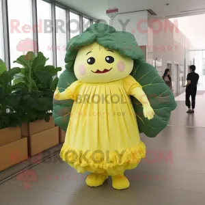 Yellow Cabbage Leaf mascot costume character dressed with a A-Line Skirt and Foot pads