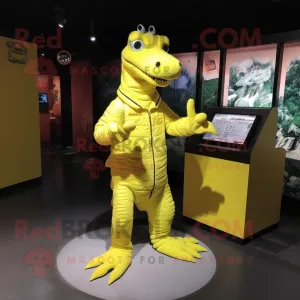 Yellow Crocodile mascot costume character dressed with a Bodysuit and Shoe clips, Large