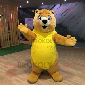 Yellow Marmot mascot costume character dressed with a Wrap Skirt and Foot pads, Large