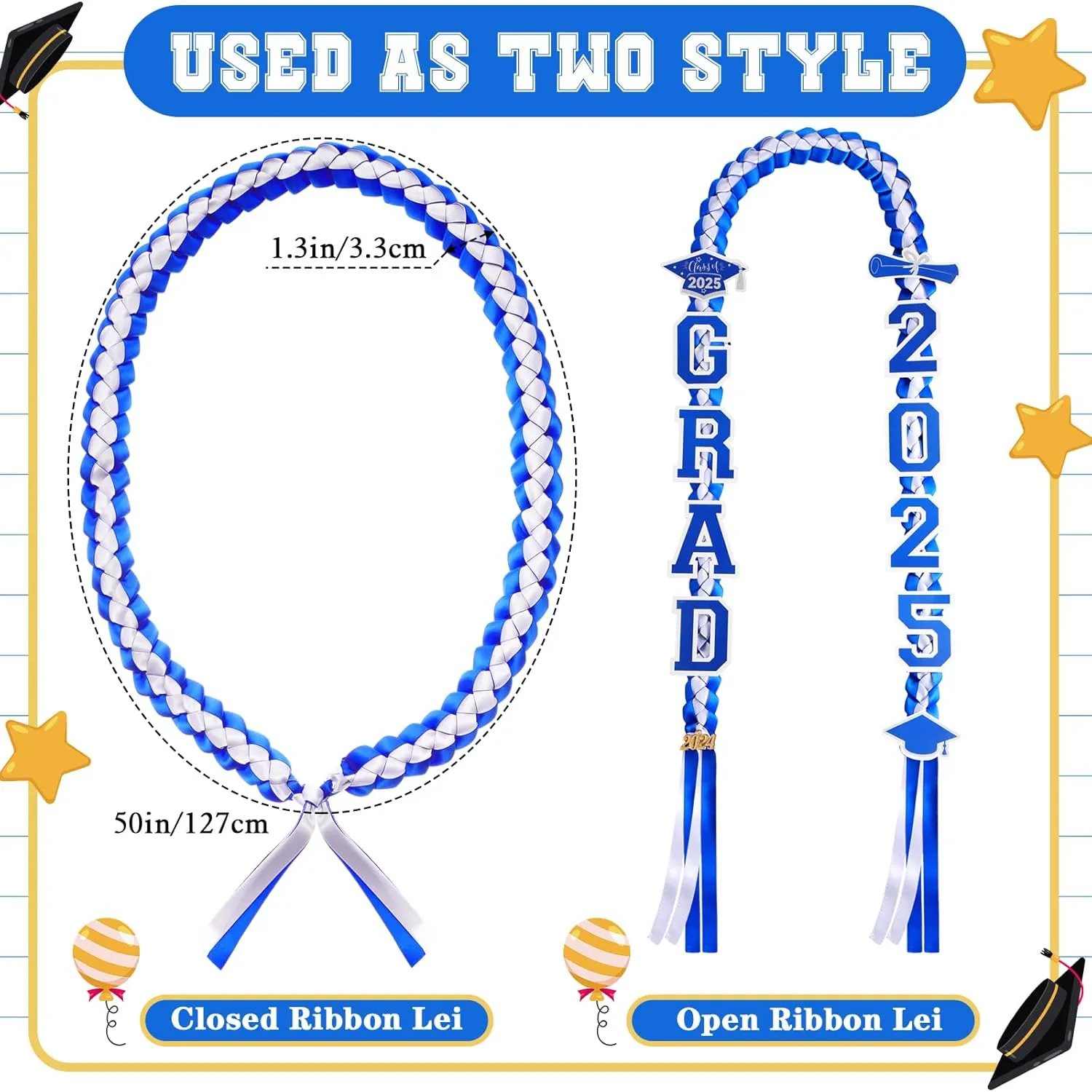 Yinkin Graduation Ribbon Leis Set Class of 2025 Handmade Double Braided Necklace Adjustable Includes Silk Leis Grad Cutouts 2025 Pendant for Graduation Party Accessories(Blue, White)