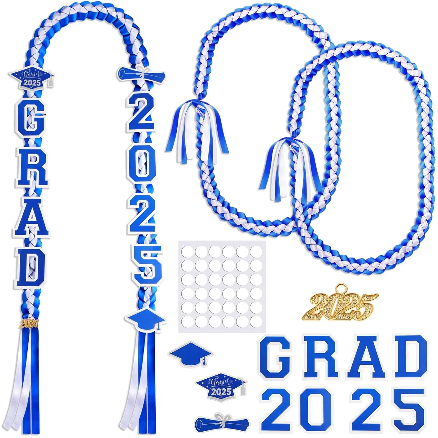 Yinkin Graduation Ribbon Leis Set Class of 2025 Handmade Double Braided Necklace Adjustable Includes Silk Leis Grad Cutouts 2025 Pendant for Graduation Party Accessories(Blue, White)