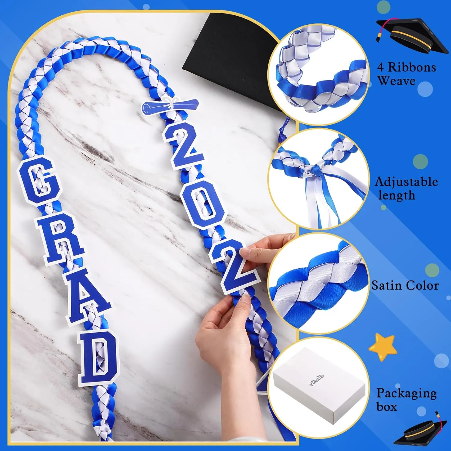 Yinkin Graduation Ribbon Leis Set Class of 2025 Handmade Double Braided Necklace Adjustable Includes Silk Leis Grad Cutouts 2025 Pendant for Graduation Party Accessories(Blue, White)