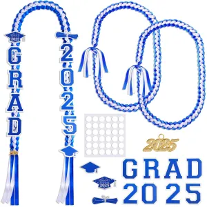 Yinkin Graduation Ribbon Leis Set Class of 2025 Handmade Double Braided Necklace Adjustable Includes Silk Leis Grad Cutouts 2025 Pendant for Graduation Party Accessories(Blue, White)