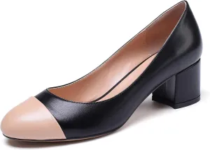 YODEKS Women 2" Low Block Heels Slip On Cap Toe Pumps, Synthetic Microfiber & Rubber Sole, Socialites & Event-goers