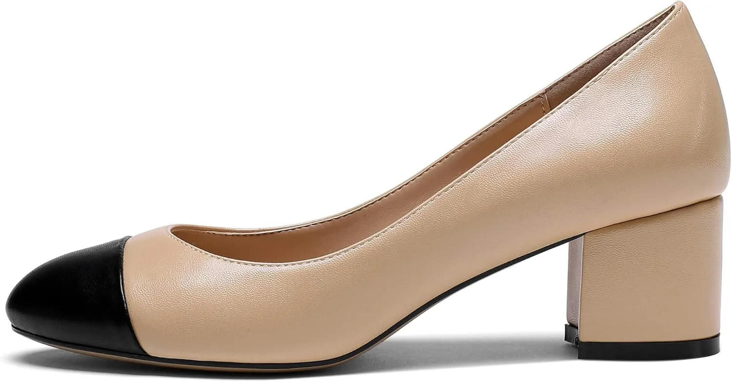 YODEKS Women 2" Low Block Heels Slip On Cap Toe Pumps, Synthetic Microfiber & Rubber Sole, Socialites & Event-goers