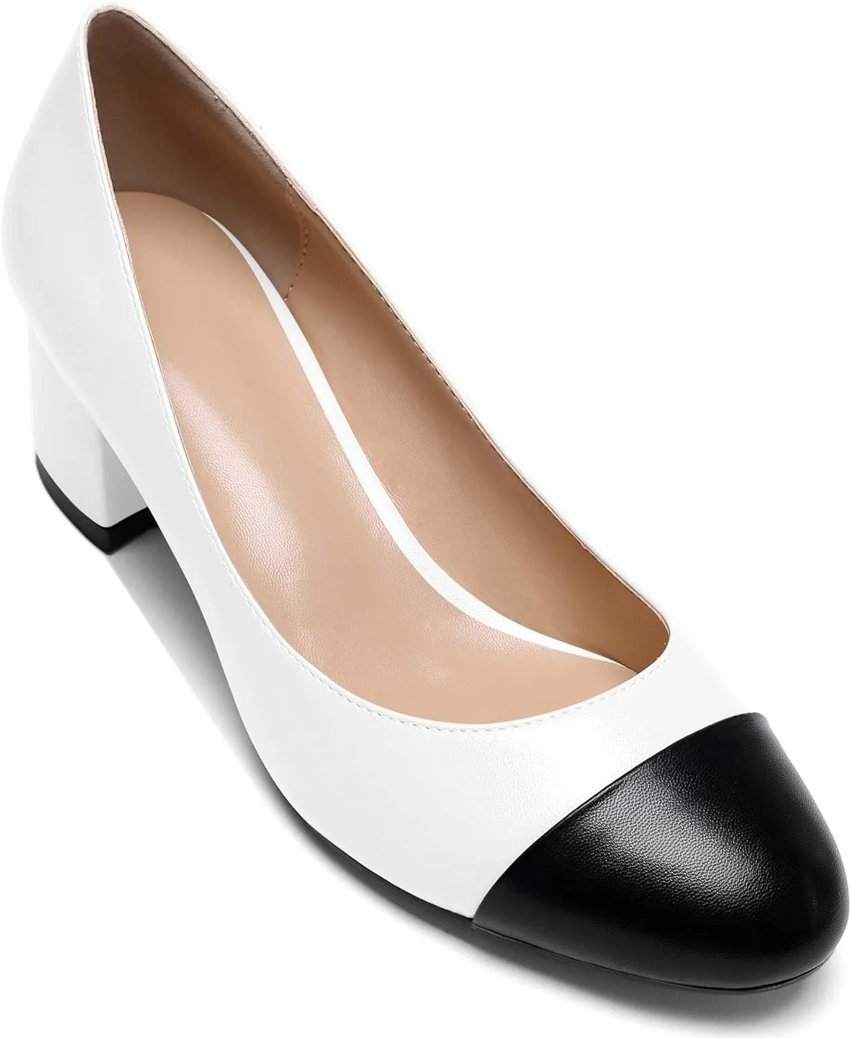 YODEKS Women 2" Low Block Heels Slip On Cap Toe Pumps, Synthetic Microfiber & Rubber Sole, Socialites & Event-goers