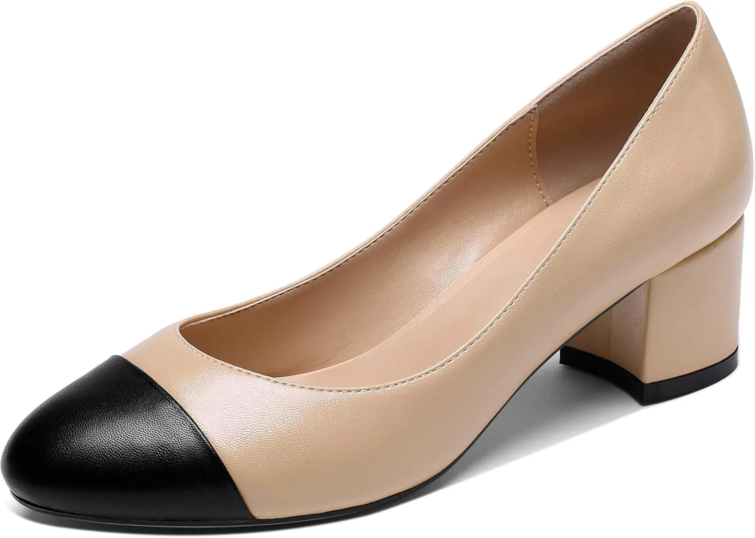 YODEKS Women 2" Low Block Heels Slip On Cap Toe Pumps, Synthetic Microfiber & Rubber Sole, Socialites & Event-goers