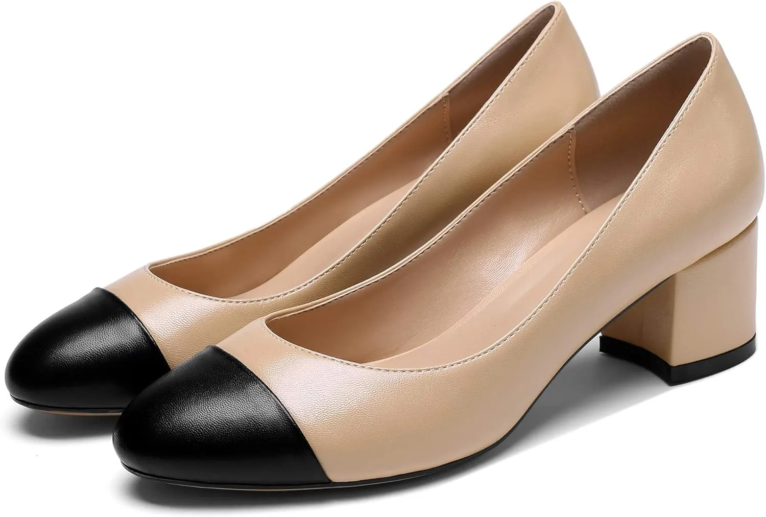 YODEKS Women 2" Low Block Heels Slip On Cap Toe Pumps, Synthetic Microfiber & Rubber Sole, Socialites & Event-goers
