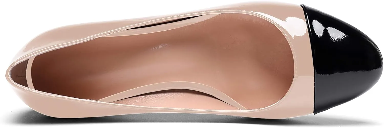 YODEKS Women 2" Low Block Heels Slip On Cap Toe Pumps, Synthetic Microfiber & Rubber Sole, Socialites & Event-goers