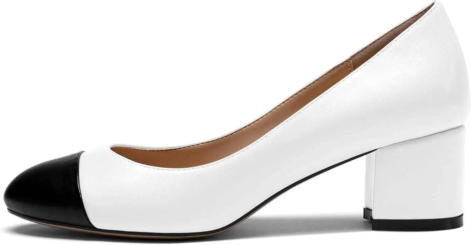 YODEKS Women 2" Low Block Heels Slip On Cap Toe Pumps, Synthetic Microfiber & Rubber Sole, Socialites & Event-goers