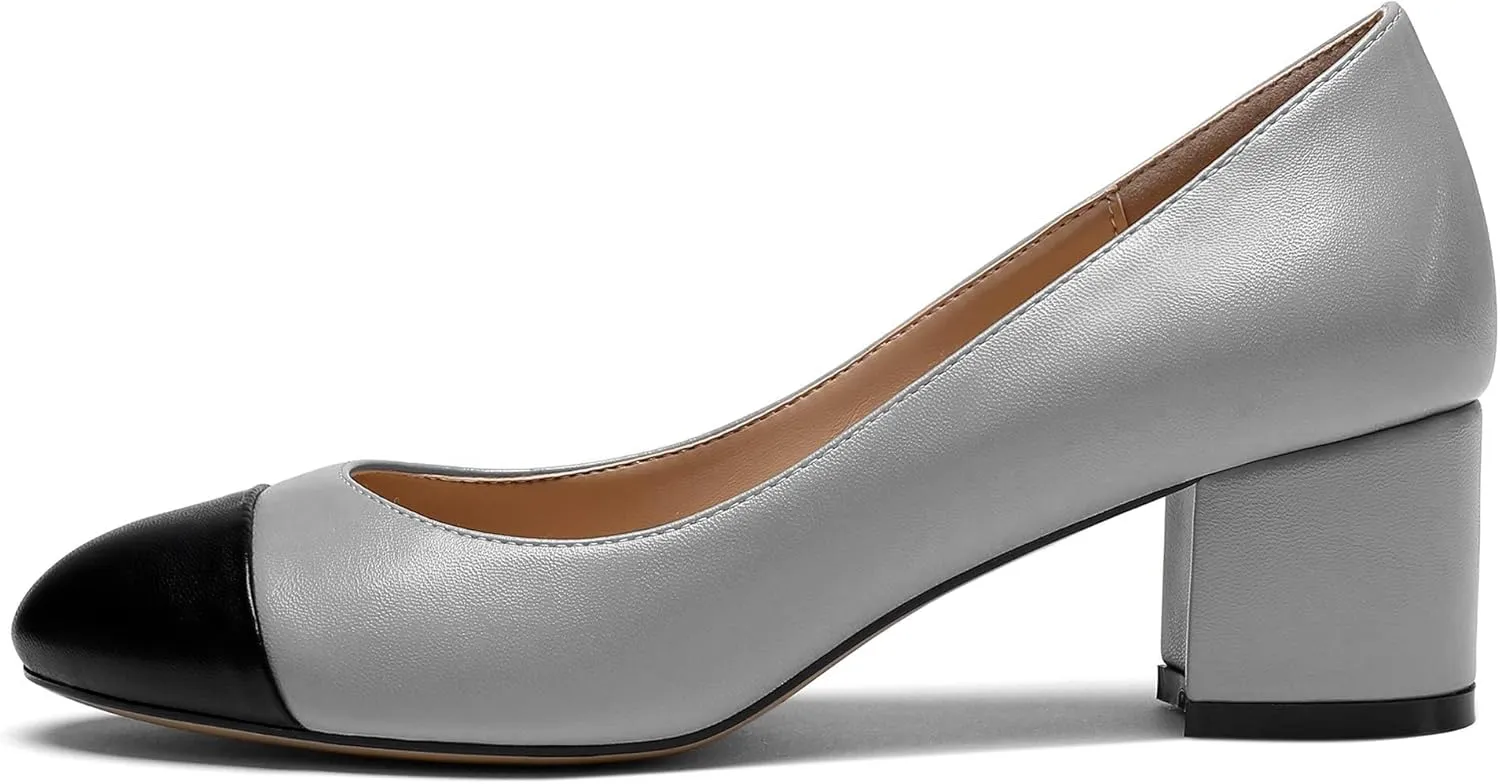 YODEKS Women 2" Low Block Heels Slip On Cap Toe Pumps, Synthetic Microfiber & Rubber Sole, Socialites & Event-goers