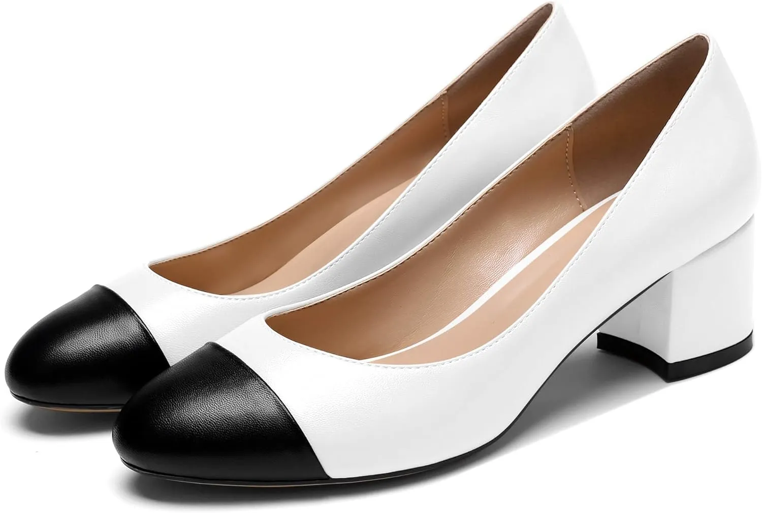 YODEKS Women 2" Low Block Heels Slip On Cap Toe Pumps, Synthetic Microfiber & Rubber Sole, Socialites & Event-goers