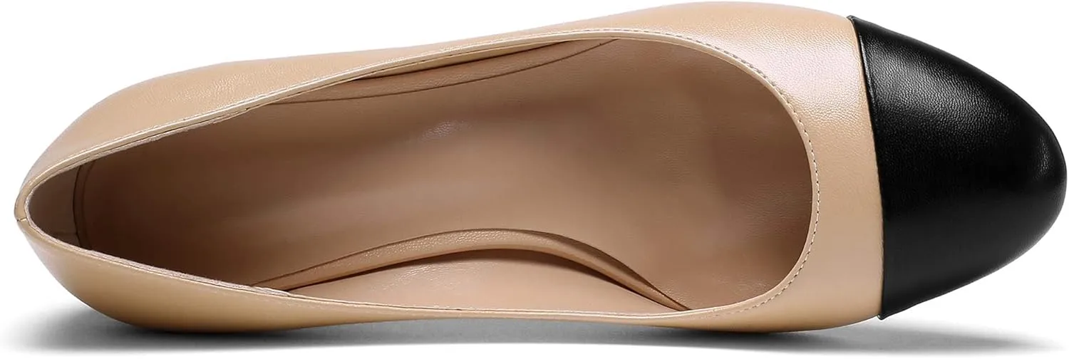 YODEKS Women 2" Low Block Heels Slip On Cap Toe Pumps, Synthetic Microfiber & Rubber Sole, Socialites & Event-goers