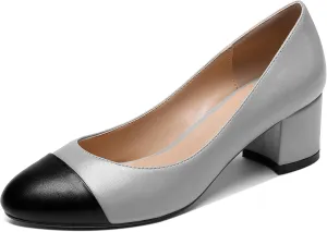 YODEKS Women 2" Low Block Heels Slip On Cap Toe Pumps, Synthetic Microfiber & Rubber Sole, Socialites & Event-goers
