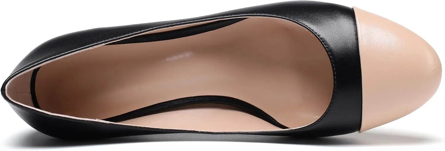 YODEKS Women 2" Low Block Heels Slip On Cap Toe Pumps, Synthetic Microfiber & Rubber Sole, Socialites & Event-goers