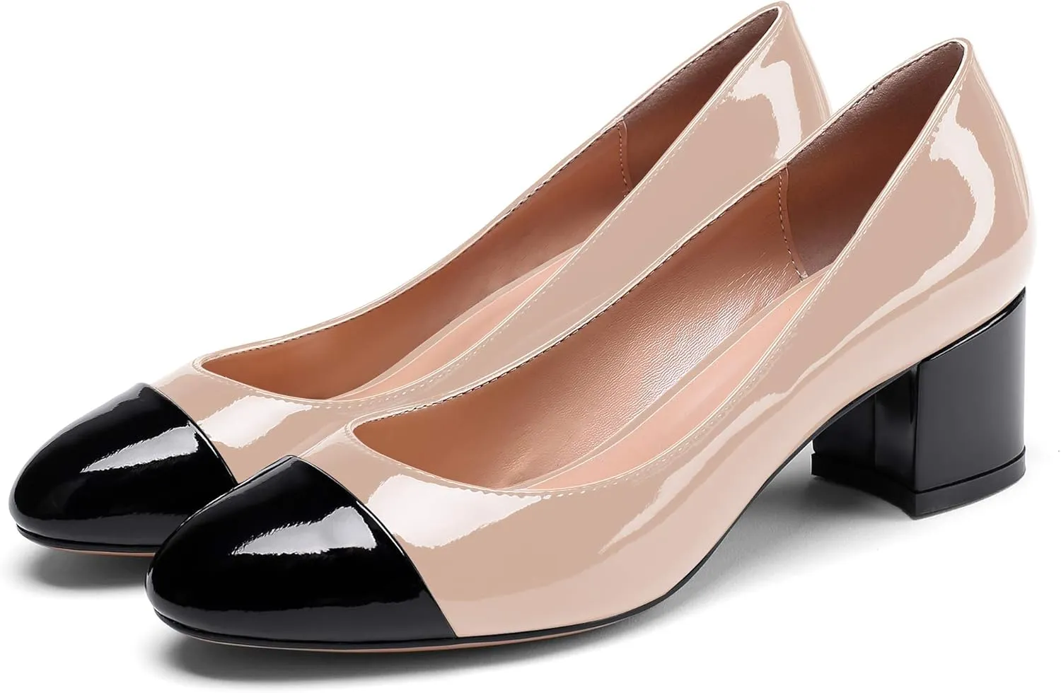 YODEKS Women 2" Low Block Heels Slip On Cap Toe Pumps, Synthetic Microfiber & Rubber Sole, Socialites & Event-goers