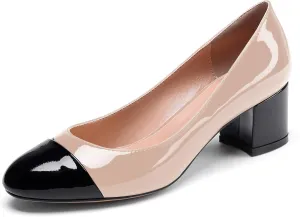 YODEKS Women 2" Low Block Heels Slip On Cap Toe Pumps, Synthetic Microfiber & Rubber Sole, Socialites & Event-goers