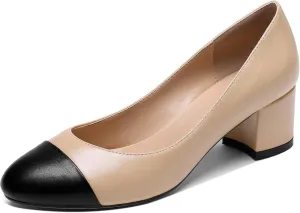 YODEKS Women 2" Low Block Heels Slip On Cap Toe Pumps, Synthetic Microfiber & Rubber Sole, Socialites & Event-goers