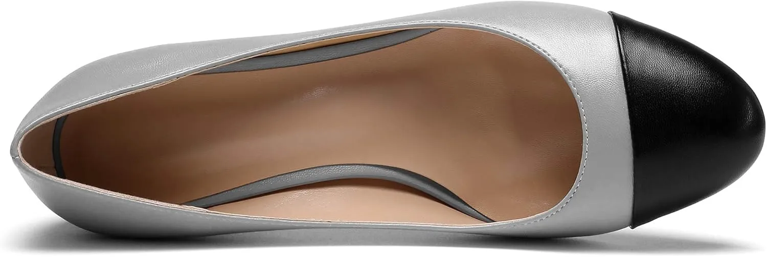 YODEKS Women 2" Low Block Heels Slip On Cap Toe Pumps, Synthetic Microfiber & Rubber Sole, Socialites & Event-goers