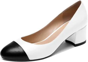 YODEKS Women 2" Low Block Heels Slip On Cap Toe Pumps, Synthetic Microfiber & Rubber Sole, Socialites & Event-goers